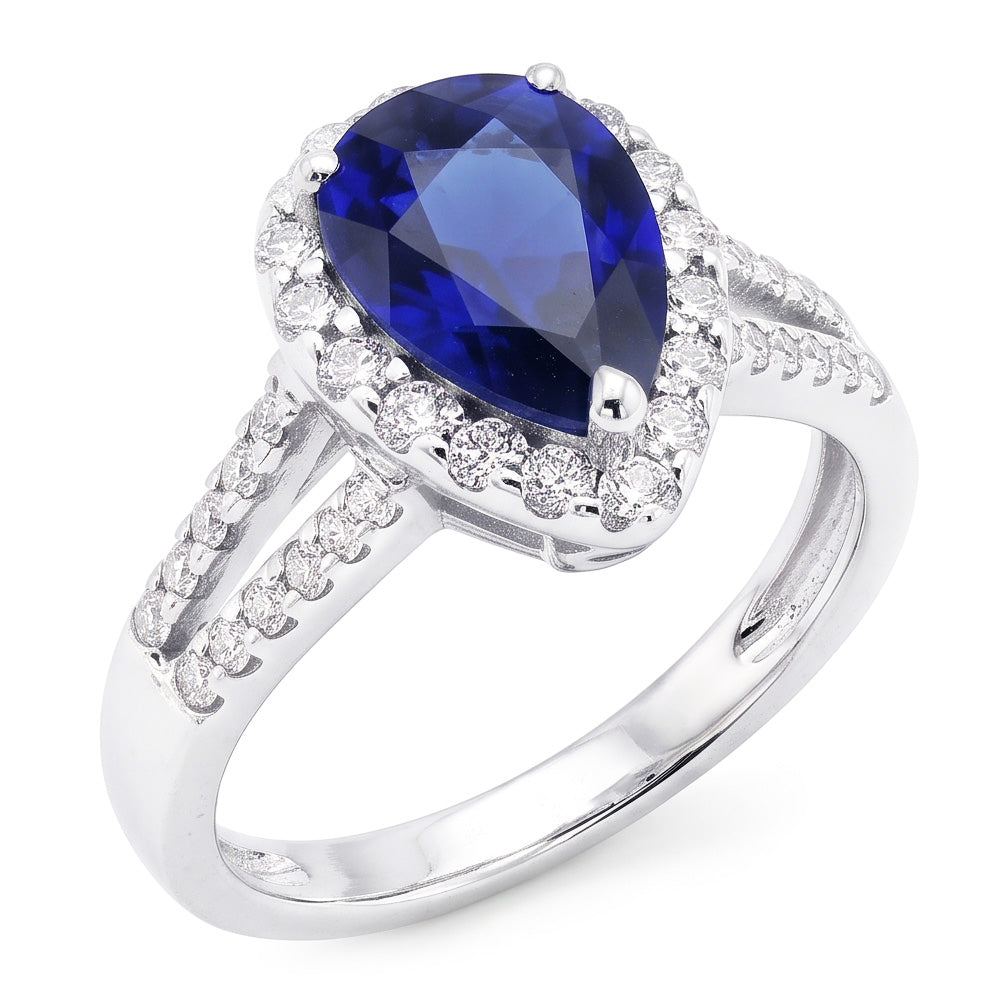 Women Halo Ring Split Shank Pear Ceylon Sapphire & Natural Earth Mined Diamonds 3 Carats