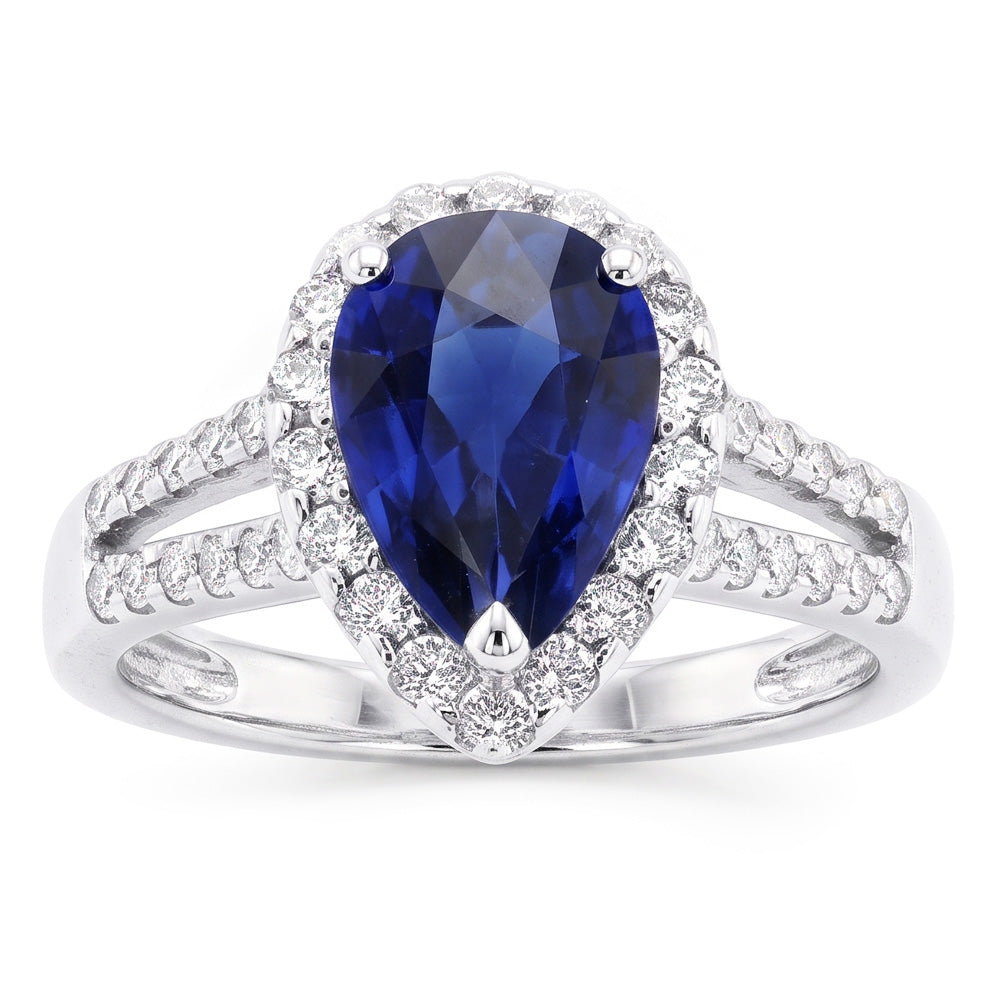 Women Halo Ring Split Shank Pear Ceylon Sapphire & Natural Earth Mined Diamonds 3 Carats