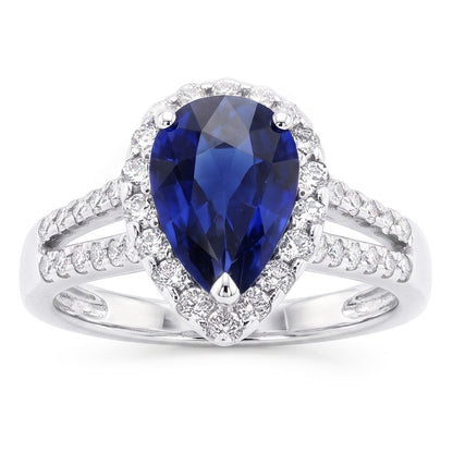 Women Halo Ring Split Shank Pear Ceylon Sapphire & Natural Earth Mined Diamonds 3 Carats