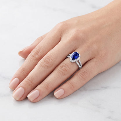 Women Halo Ring Split Shank Pear Ceylon Sapphire & Natural Earth Mined Diamonds 3 Carats