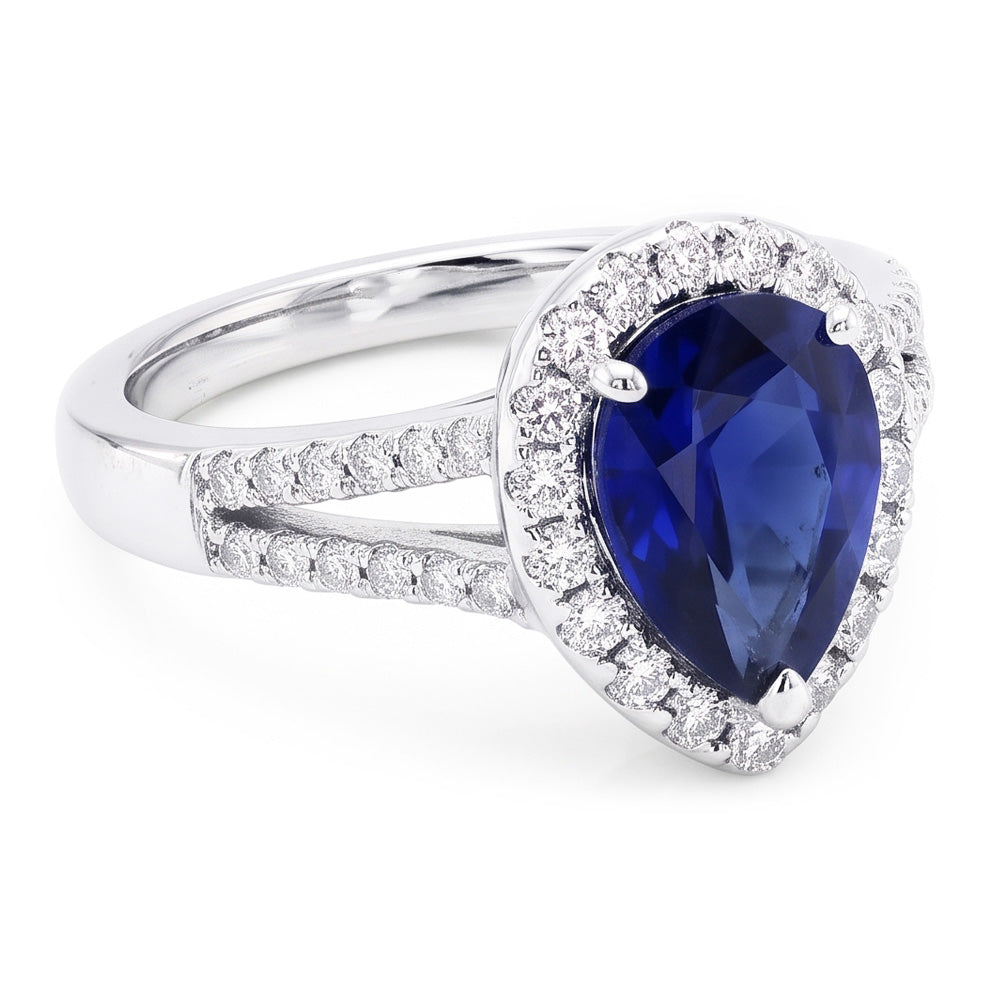 Women Halo Ring Split Shank Pear Ceylon Sapphire & Natural Earth Mined Diamonds 3 Carats