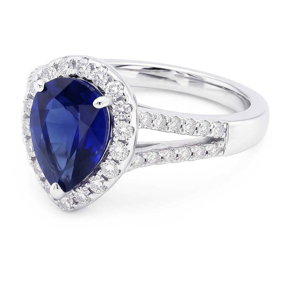 Women Halo Ring Split Shank Pear Ceylon Sapphire & Natural Earth Mined Diamonds 3 Carats