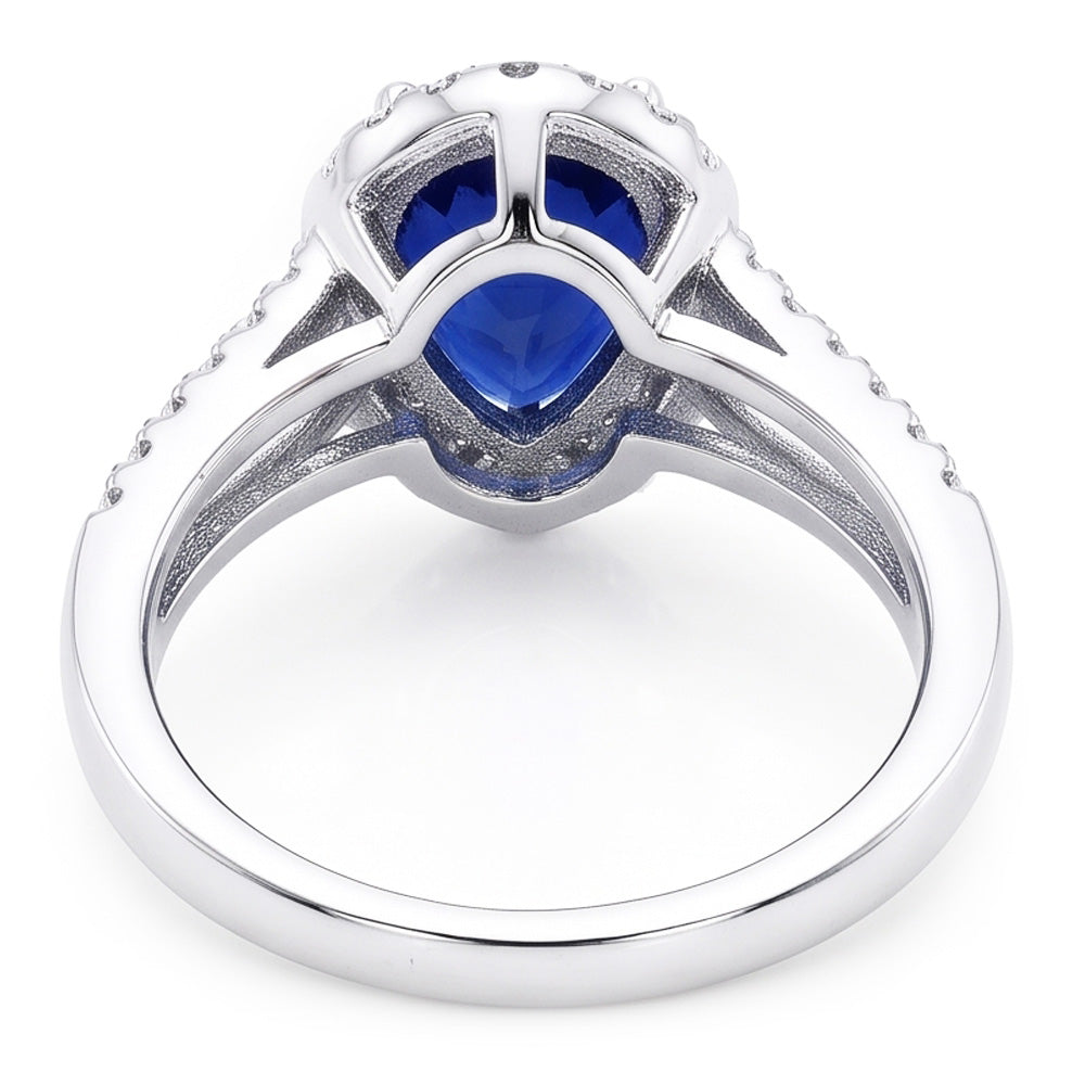 Women Halo Ring Split Shank Pear Ceylon Sapphire & Natural Earth Mined Diamonds 3 Carats