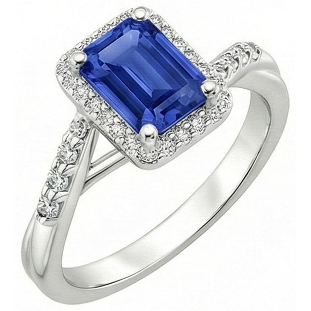 Women Halo Ring Sri Lankan Sapphire & Natural Earth Mined Diamond 4 Carats White Gold 14K