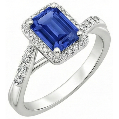 Women Halo Ring Sri Lankan Sapphire & Natural Earth Mined Diamond 4 Carats White Gold 14K