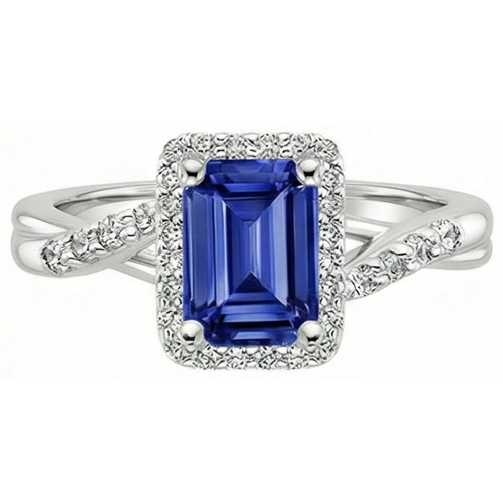 Women Halo Ring Sri Lankan Sapphire & Natural Earth Mined Diamond 4 Carats White Gold 14K