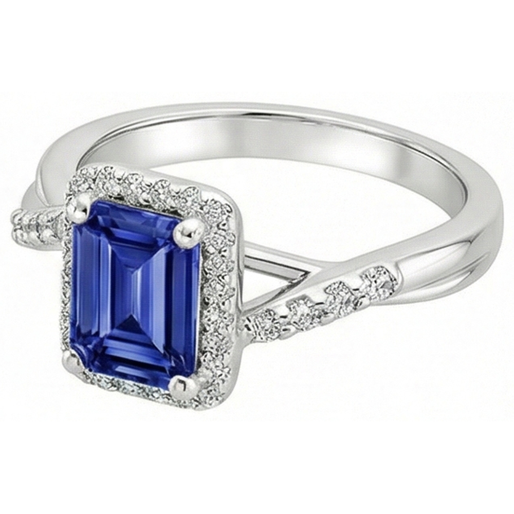 Women Halo Ring Sri Lankan Sapphire & Natural Earth Mined Diamond 4 Carats White Gold 14K