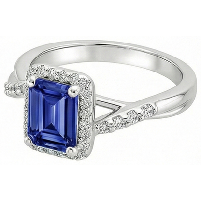 Women Halo Ring Sri Lankan Sapphire & Natural Earth Mined Diamond 4 Carats White Gold 14K