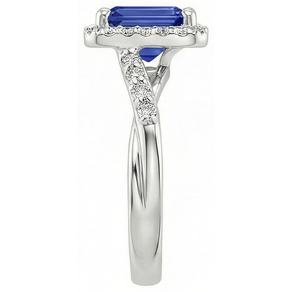 Women Halo Ring Sri Lankan Sapphire & Natural Earth Mined Diamond 4 Carats White Gold 14K