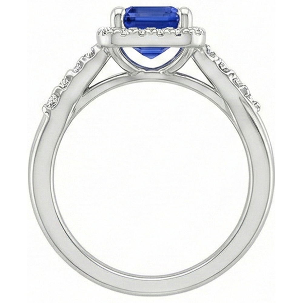Women Halo Ring Sri Lankan Sapphire & Natural Earth Mined Diamond 4 Carats White Gold 14K