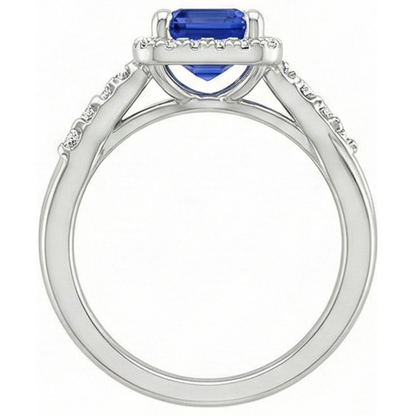 Women Halo Ring Sri Lankan Sapphire & Natural Earth Mined Diamond 4 Carats White Gold 14K