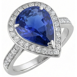 Women Halo Wedding Ring Pear Blue Sapphire & Natural Earth Mined Diamonds 4.50 Carats