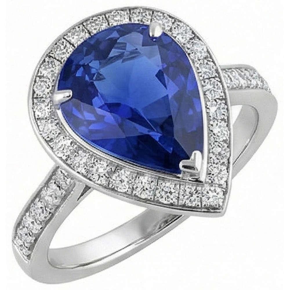 Women Halo Wedding Ring Pear Blue Sapphire & Natural Earth Mined Diamonds 4.50 Carats