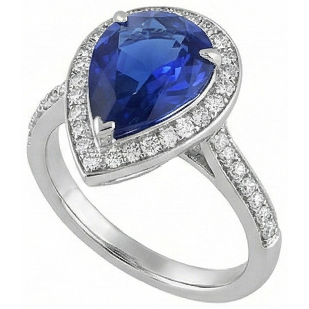 Women Halo Wedding Ring Pear Blue Sapphire & Natural Earth Mined Diamonds 4.50 Carats