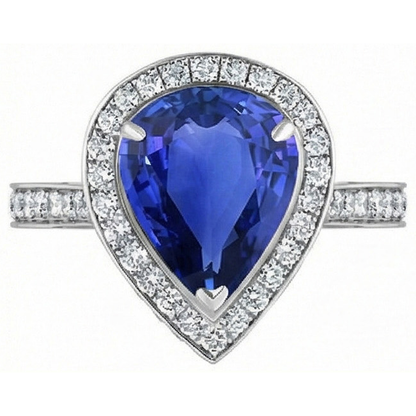 Women Halo Wedding Ring Pear Blue Sapphire & Natural Earth Mined Diamonds 4.50 Carats