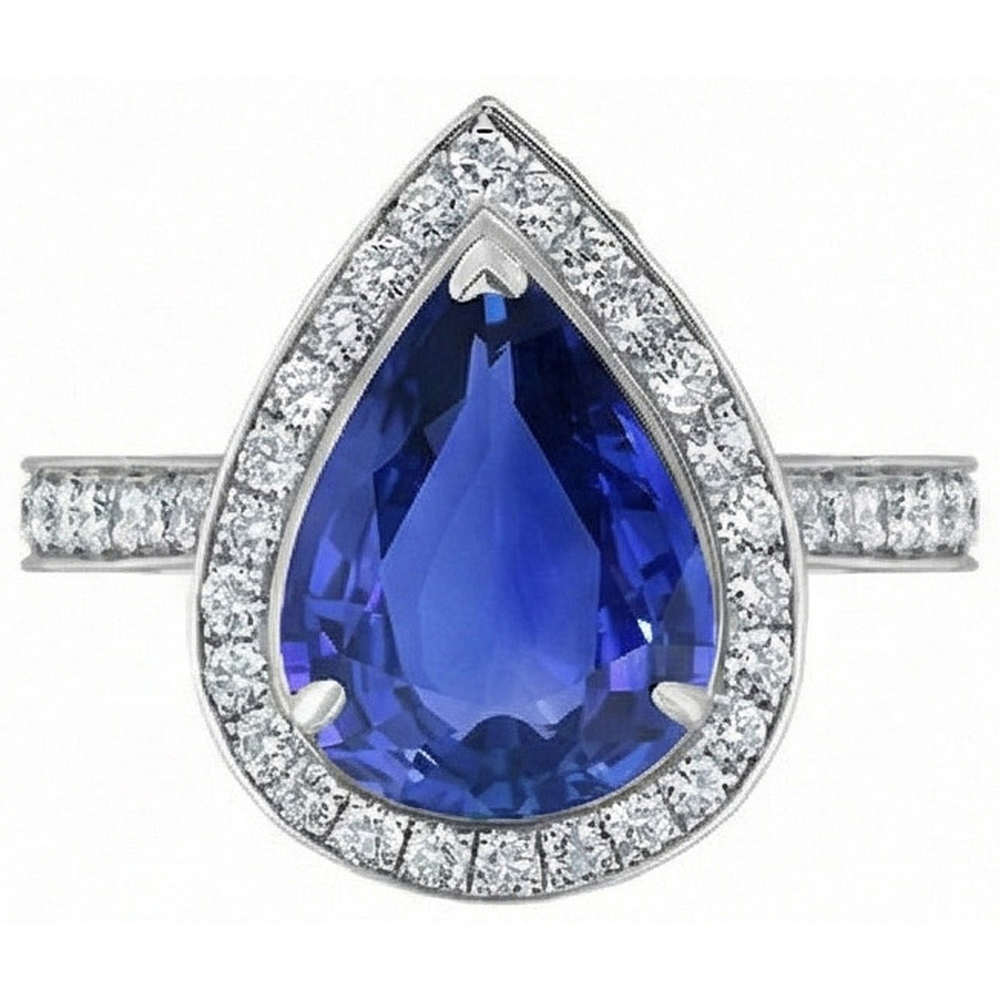 Women Halo Wedding Ring Pear Blue Sapphire & Natural Earth Mined Diamonds 4.50 Carats