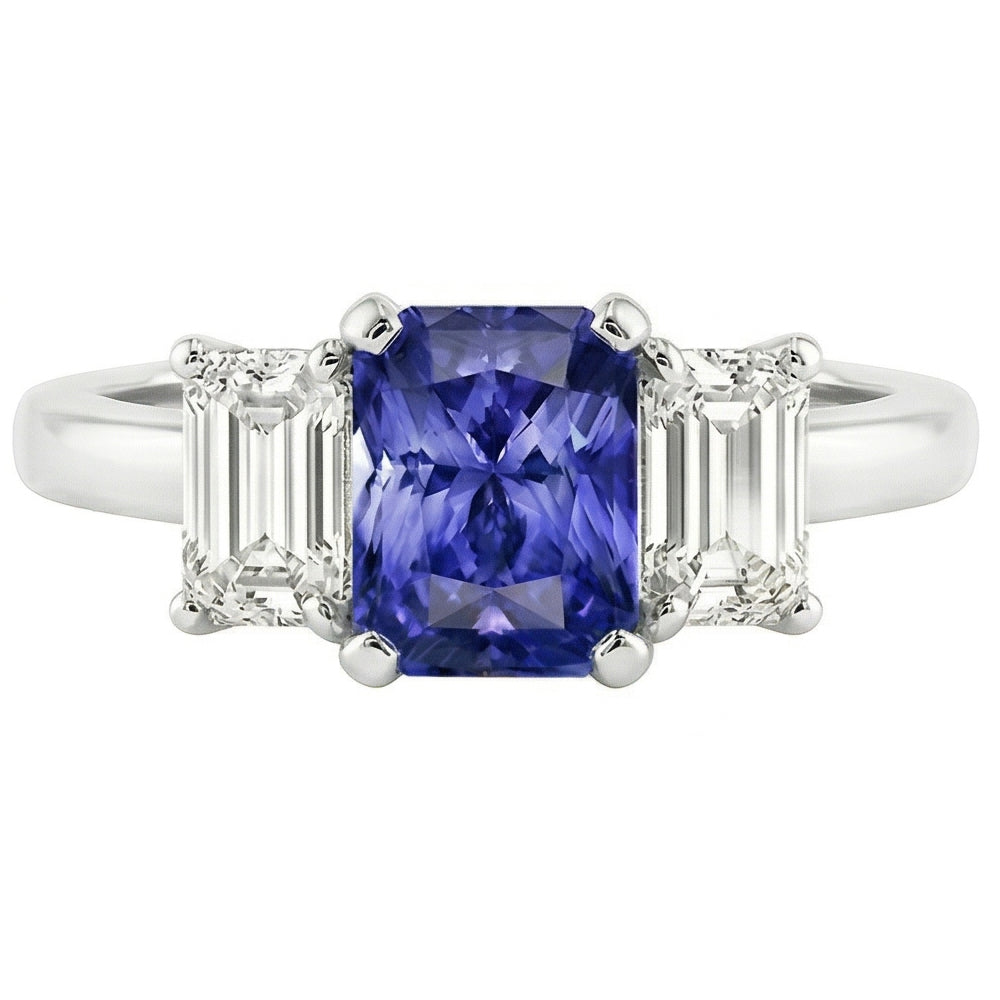 Women Natural Earth Mined Diamond Anniversary Ring Radiant Cut Ceylon Sapphire 1.50 Carats