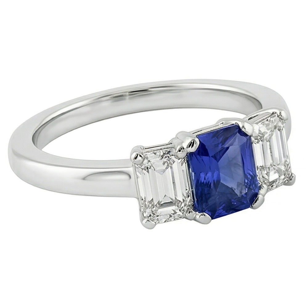 Women Natural Earth Mined Diamond Anniversary Ring Radiant Cut Ceylon Sapphire 1.50 Carats