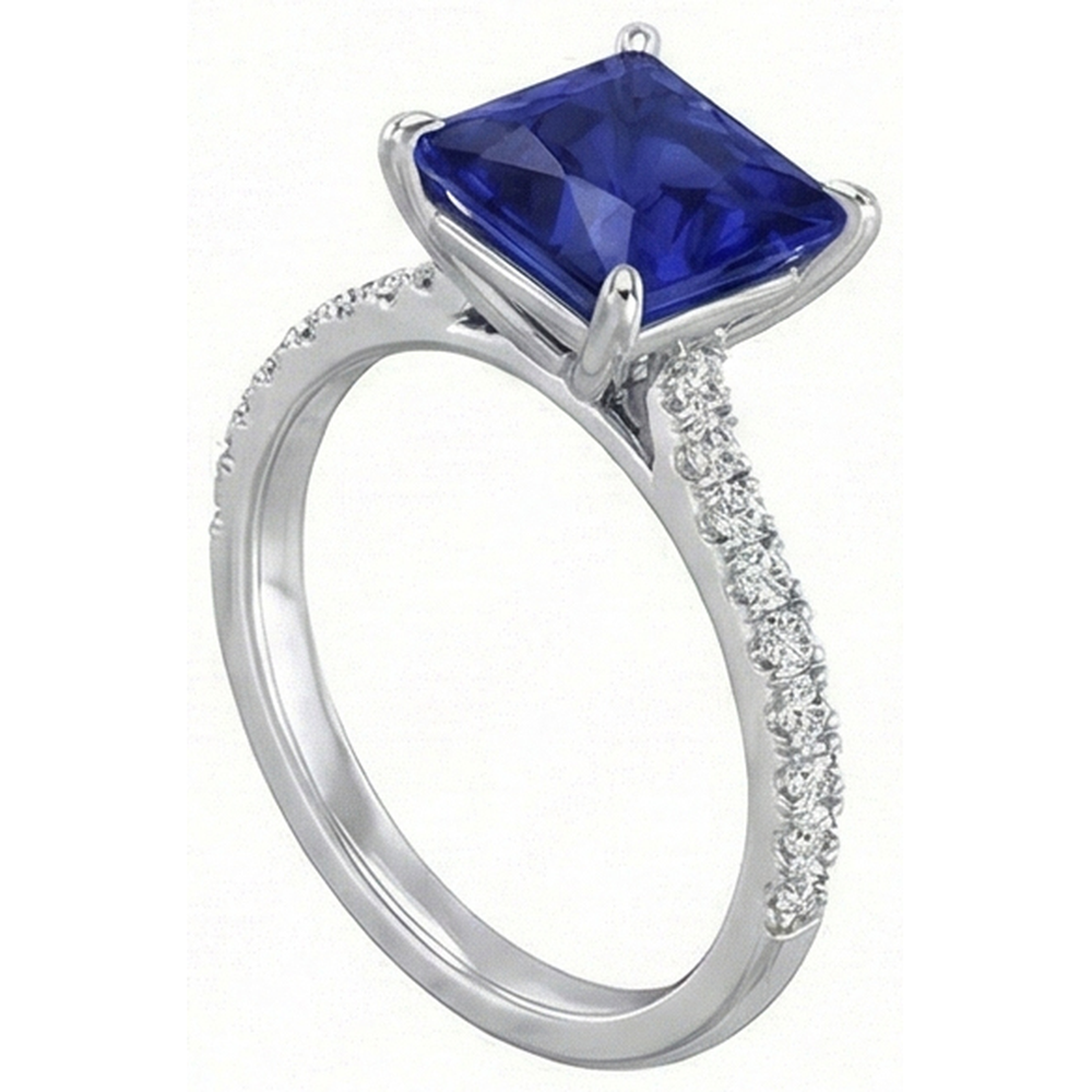 Women Natural Earth Mined Diamond Engagement Ring Princess Cut Ceylon Sapphire 4.75 Carats