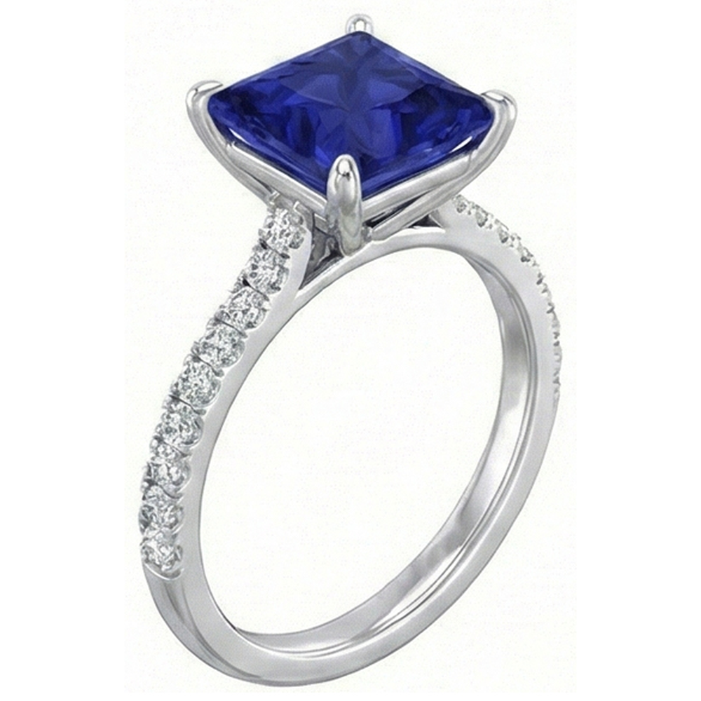 Women Natural Earth Mined Diamond Engagement Ring Princess Cut Ceylon Sapphire 4.75 Carats