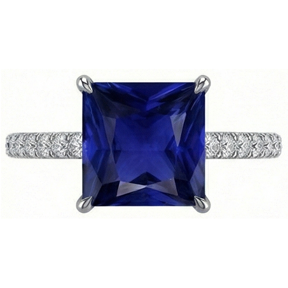 Women Natural Earth Mined Diamond Engagement Ring Princess Cut Ceylon Sapphire 4.75 Carats