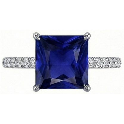 Women Natural Earth Mined Diamond Engagement Ring Princess Cut Ceylon Sapphire 4.75 Carats