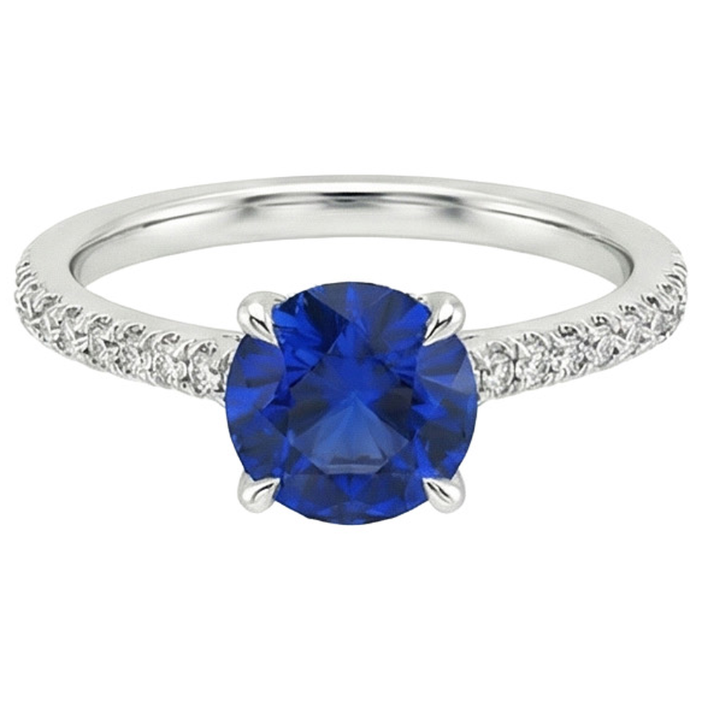 Women Natural Earth Mined Diamond Jewelry Accented Round Ceylon Sapphire 2.50 Carats Gold