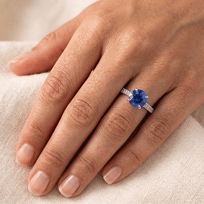 Women Natural Earth Mined Diamond Jewelry Accented Round Ceylon Sapphire 2.50 Carats Gold
