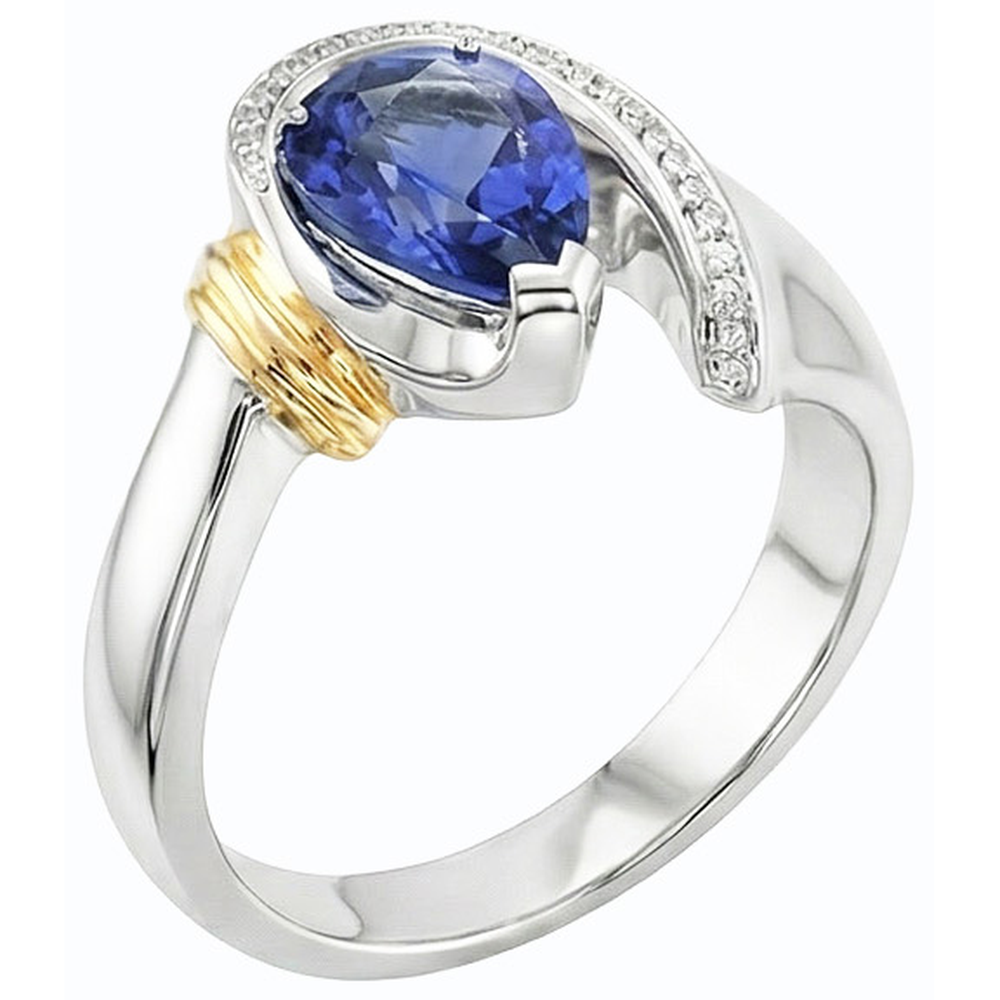 Women Natural Earth Mined Diamond Ring 2 Carats Pear Cut Blue SriLankan Sapphire Two Tone