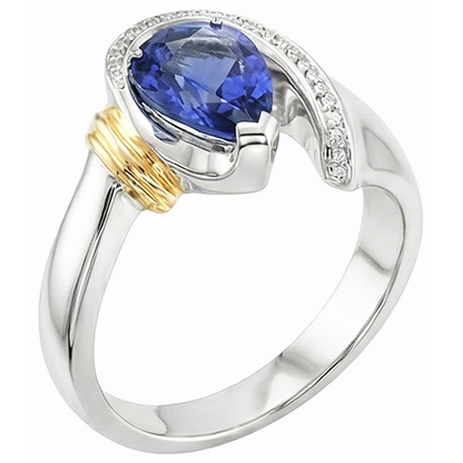 Women Natural Earth Mined Diamond Ring 2 Carats Pear Cut Blue SriLankan Sapphire Two Tone