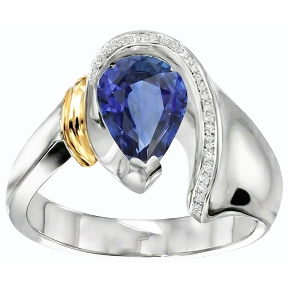 Women Natural Earth Mined Diamond Ring 2 Carats Pear Cut Blue SriLankan Sapphire Two Tone