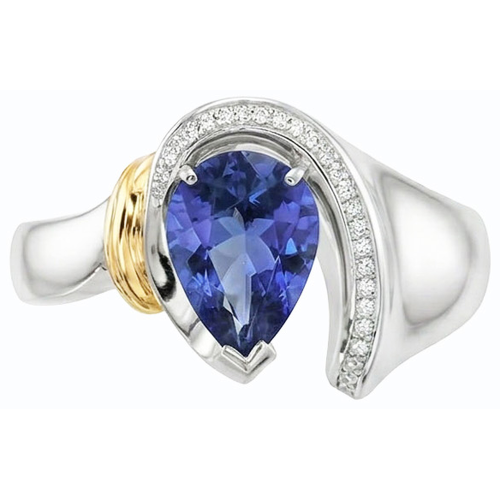 Women Natural Earth Mined Diamond Ring 2 Carats Pear Cut Blue SriLankan Sapphire Two Tone