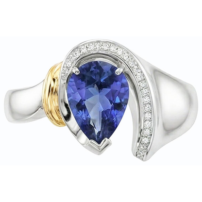 Women Natural Earth Mined Diamond Ring 2 Carats Pear Cut Blue SriLankan Sapphire Two Tone