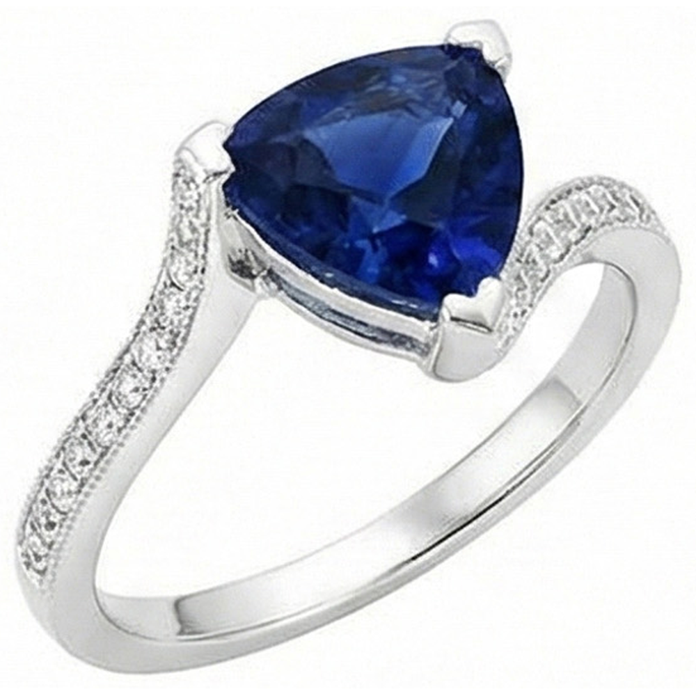 Women Natural Earth Mined Diamond Ring Trillion Deep Blue Sapphire 2.50 Carats