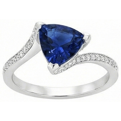 Women Natural Earth Mined Diamond Ring Trillion Deep Blue Sapphire 2.50 Carats