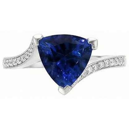 Women Natural Earth Mined Diamond Ring Trillion Deep Blue Sapphire 2.50 Carats