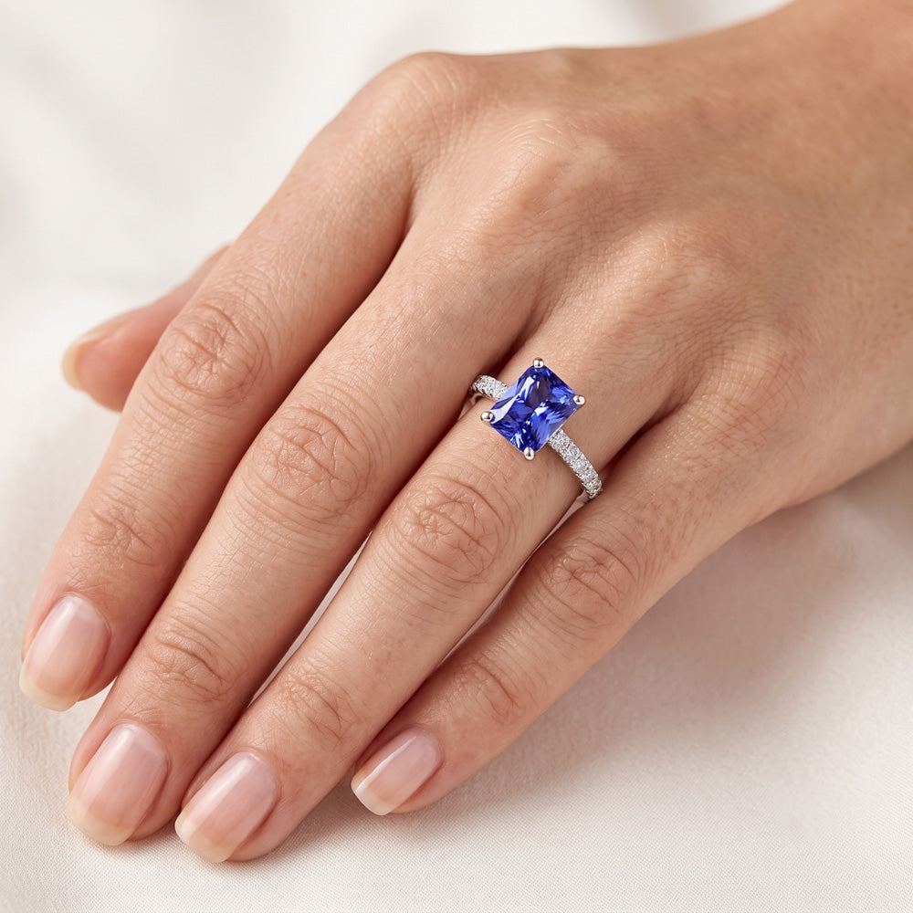 Women Natural Earth Mined Diamond Ring With Radiant Blue Sapphire Gemstone Jewelry 3 Carat