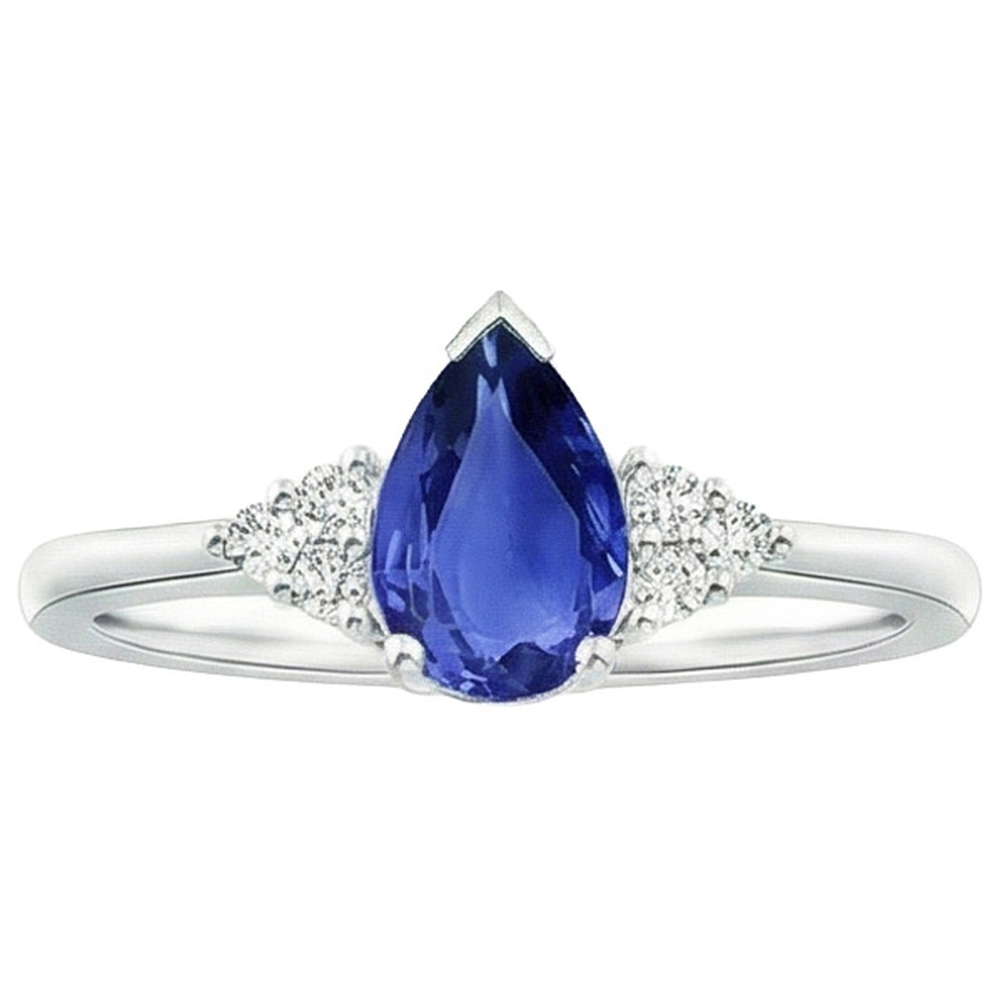 Women Round Natural Earth Mined Diamond Ring Pear Ceylon Sapphire With Accents 3.25 Carats