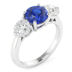 Women Three Stone Round Blue Sapphire Ring 2 Carats Natural Earth Mined Diamonds