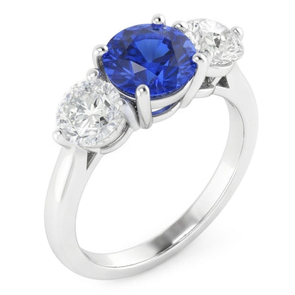 Women Three Stone Round Blue Sapphire Ring 2 Carats Natural Earth Mined Diamonds