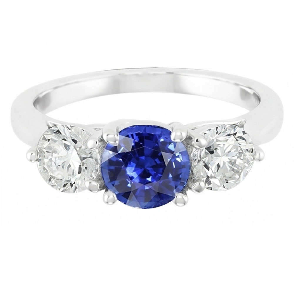 Women Three Stone Round Blue Sapphire Ring 2 Carats Natural Earth Mined Diamonds