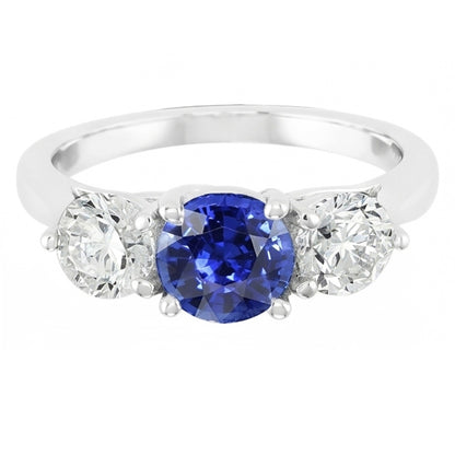 Women Three Stone Round Blue Sapphire Ring 2 Carats Natural Earth Mined Diamonds