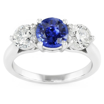 Women Three Stone Round Blue Sapphire Ring 2 Carats Natural Earth Mined Diamonds