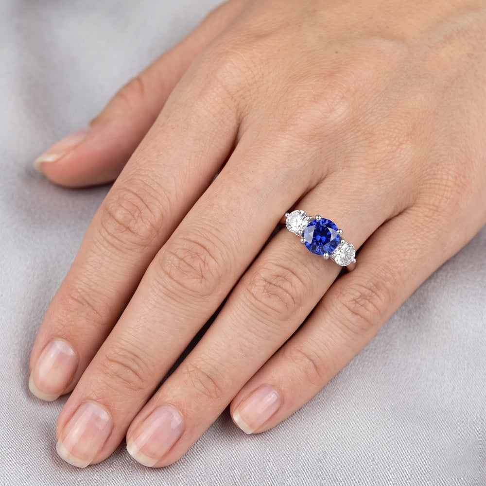 Women Three Stone Round Blue Sapphire Ring 2 Carats Natural Earth Mined Diamonds