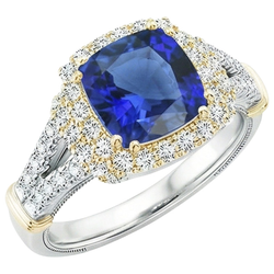 Women Two Tone Natural Earth Mined Diamond Ring Cushion Blue Sapphire Gold 14K 3.25 Carats