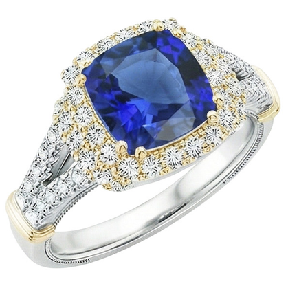 Women Two Tone Natural Earth Mined Diamond Ring Cushion Blue Sapphire Gold 14K 3.25 Carats