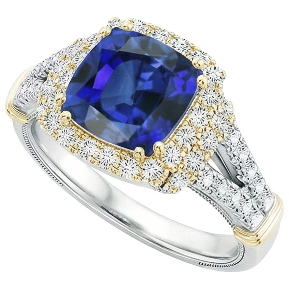 Women Two Tone Natural Earth Mined Diamond Ring Cushion Blue Sapphire Gold 14K 3.25 Carats