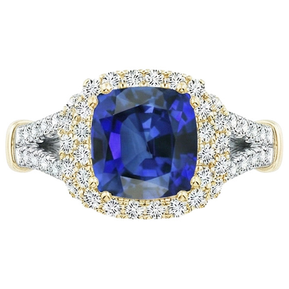 Women Two Tone Natural Earth Mined Diamond Ring Cushion Blue Sapphire Gold 14K 3.25 Carats