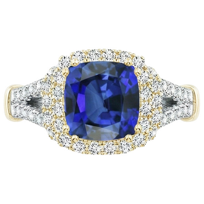 Women Two Tone Natural Earth Mined Diamond Ring Cushion Blue Sapphire Gold 14K 3.25 Carats