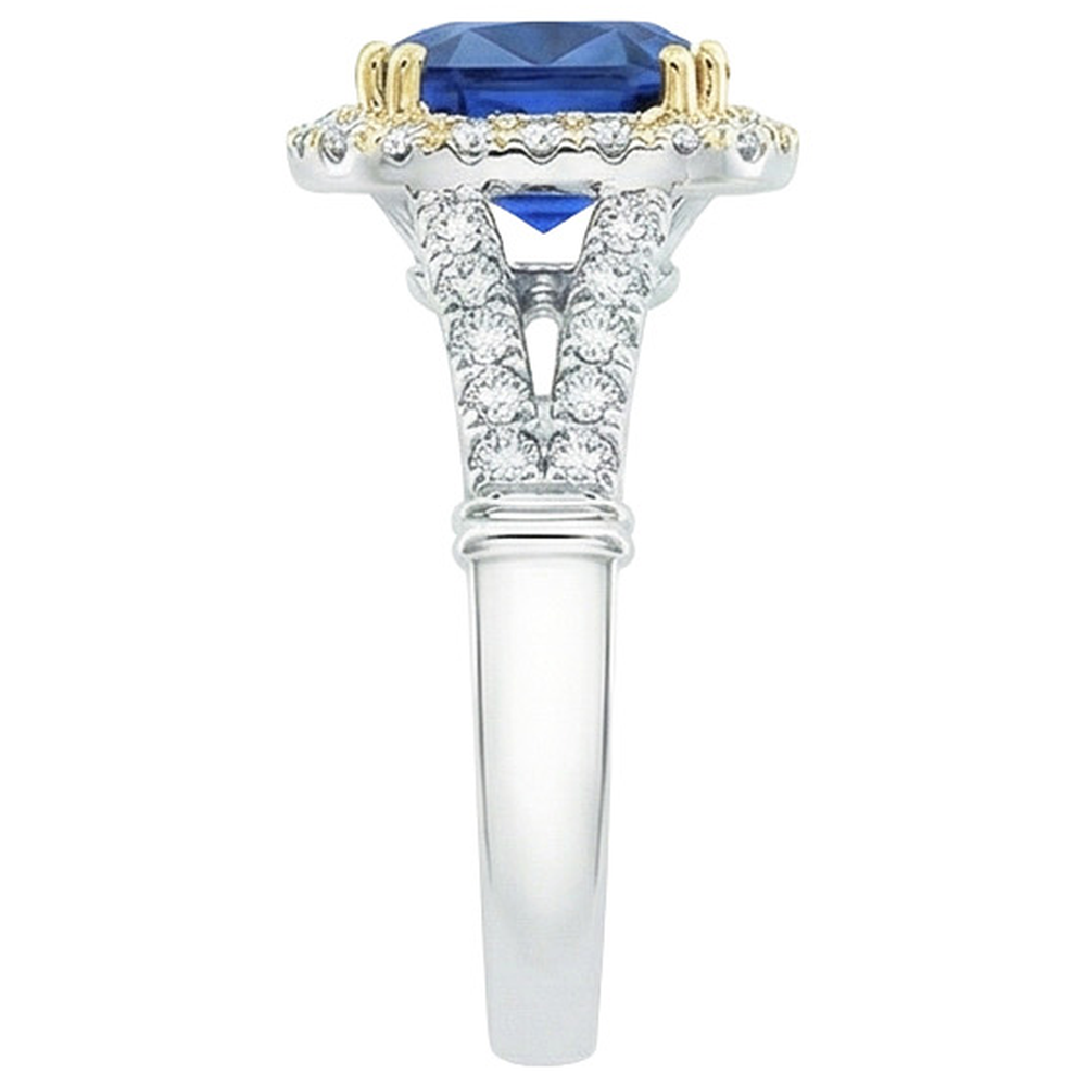 Women Two Tone Natural Earth Mined Diamond Ring Cushion Blue Sapphire Gold 14K 3.25 Carats